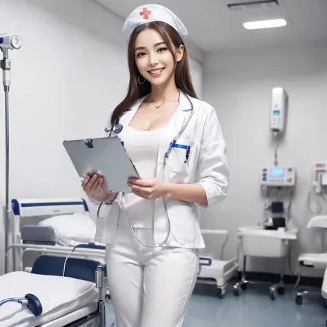 ((top-quality、masutepiece、8K、Top image quality))、((1 nurse,Manteau blanc、Nurse Cap,Full body white、White pants、Perfect smile、A big smile staring at the camera、Looking at the camera、Standing in a hospital room、holding a clipboard、stand with a clipboard、Shoo...