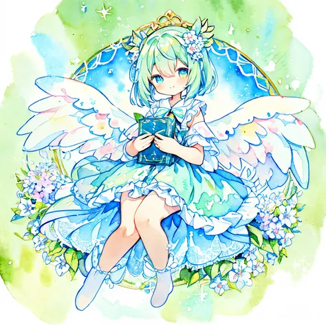 miku hatsune：1.8、（big fairy wings made of lace：1.3）、（Fairy girl surrounded by Herelis flowers 、Beautiful feathers that sparkle on the back、The background is a world in a sparkling picture book、A smile）、1girl in、（PastelColors:1.2)、(Cute illustration:1.2)、(w...