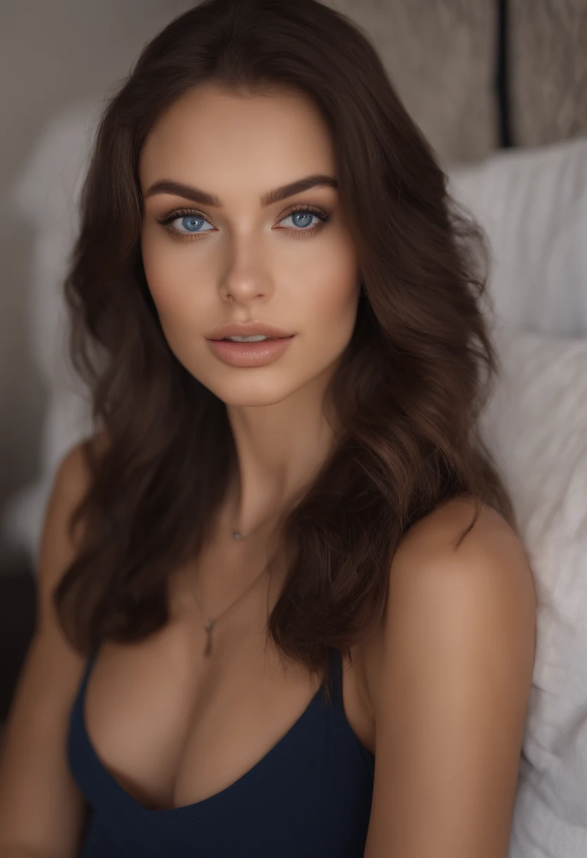 arafed woman with a white tank top and a necklace, sexy girl with blue eyes, portrait sophie mudd, brown hair and large eyes, super realistic, 4k, selfie of a young woman, bedroom eyes, violet myers, without makeup, natural makeup, looking directly at the ...