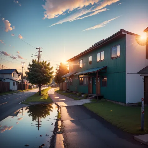 no people, scenery, cloud, sky, reflection, outdoors, sunset, caption, cloudy sky, sign, power pole, sparse very small houses, power lines, road sign, blue sky, street of a small township in northern usa, many trees, green grass, horizon, sunset, landscape...