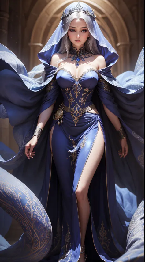 Generate a captivating digital image of a medieval enchantress draped in an ankle-length gown crafted from rich, midnight-blue velvet. The gown, adorned with intricate celestial patterns in shimmering silver thread, flows elegantly and fully conceals her f...