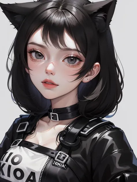 Close-up, one girl, cat ears, black hair, black eyes, black and white streetwear clothes, black and white accessories