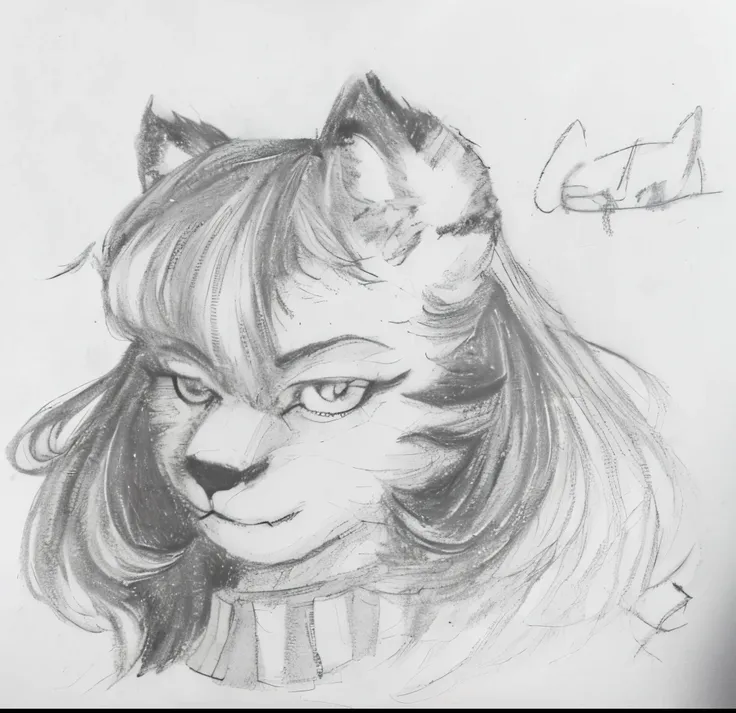 un dibujo de un gato con cabeza y orejas de gato, Dibujo furry profesional, Retrato de Antro, Retrato de personaje peludo, Hembra Fursona, Gato de anime realista, Foto en la cabeza de una joven peluda, furry Fursona, Portrait of a Gothic Catgirl, pencil do...