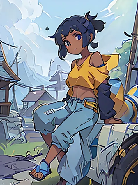 Nila is a girl with dark skin and short hair middle ponytail. Blue hair Dark Purple Eyes wearing a yellow shirt with a single strap sleeve and a pair of white jeans, as well as a pair of green sandals.