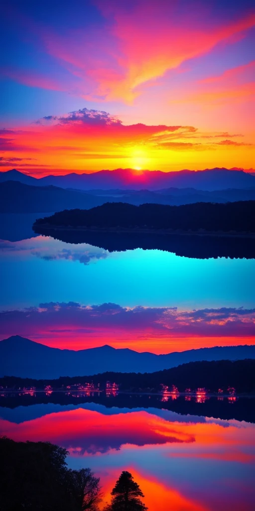 There is a beautiful sunset with a lake and trees in the background,large fantasy castle, nubes coloridas,Colores surrealistas, Colorida puesta de sol, cielo colorido, Maravilloso reflejo del cielo, Cielo impresionante, dreamy atmosphere 8k, Colores que se...