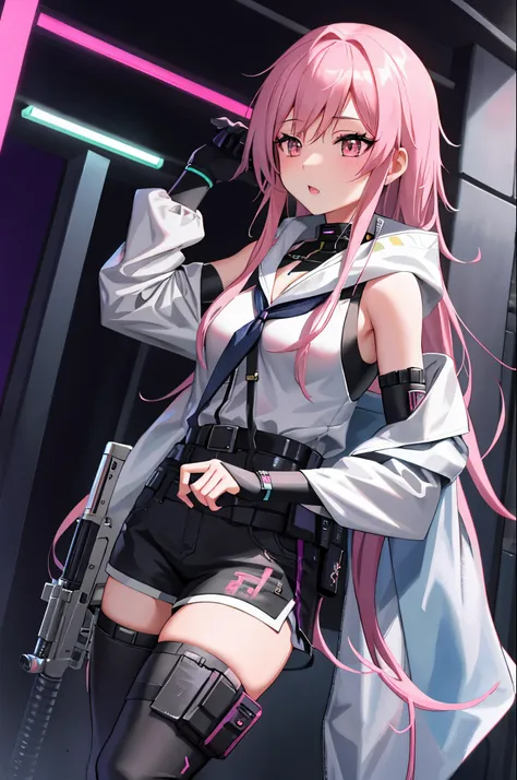 I want a girl soldier with a pink long hair, with a gun in her right hand.
In an anime style. 

I want it in 4K, Cyberpunk style and beautiful.