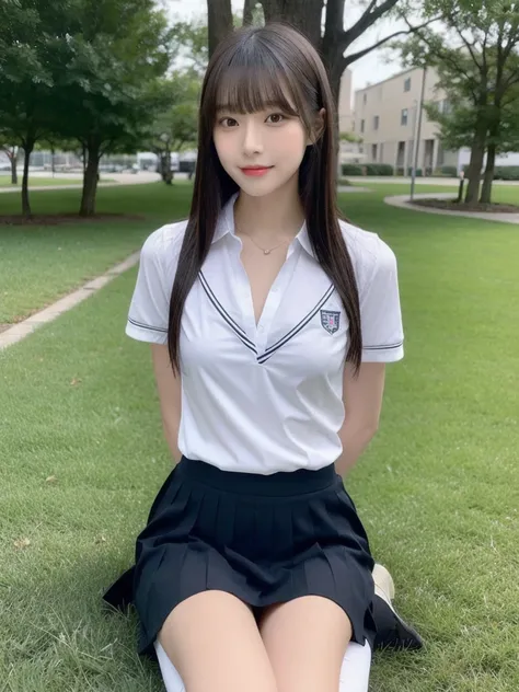 (Best Quality, 8K, 32K, masutepiece, nffsw:1.2), 1girl in, cute Japanese girls, hi-school girl, bob cuts, Beautiful Japanese schoolgirl uniform, facing at camera, Outdoors, Blunt bangs、White bra、The chest is visible、Schoolgirl Miniskirt、Beautiful thin legs...