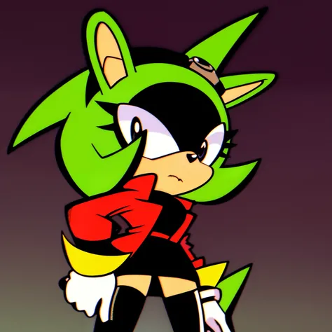 Surge the Tenrec, dressed as eggmaam, eggmaam outfit, eggmaam cosplay, skirt, thighhighs, gloves, red jacket, black thighhighs, white gloves, black skirt, goggles, blank expression, looking at viewer, (background: cartoon futuristic laboratory), (best qual...