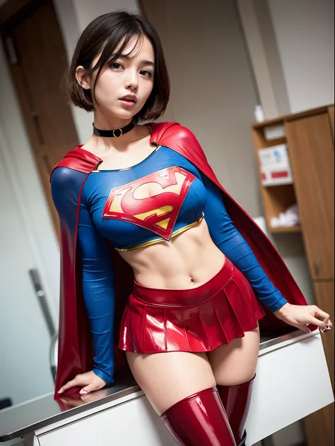 ​masterpiece,Short-haired supergirl spreading her thighs on a hospital operating table、large full breasts、Looking at the camera、Glossy enamel costume、Glossy red enamel long boots、Shiny red skirt、a choker、Navel out、Fluttering cloak、seduces、sexypose