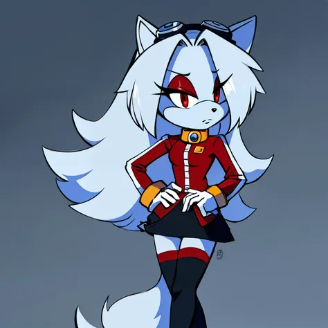 ((1girl)), ((solo)), female, mobian, fox, grayish white fur, furry, standing with crossed legs, one hand on hip, eggmaam outfit, eggmaam cosplay, skirt, thighhighs, gloves, red jacket, black thighhighs, white gloves, black skirt, goggles, ((long grayish wh...