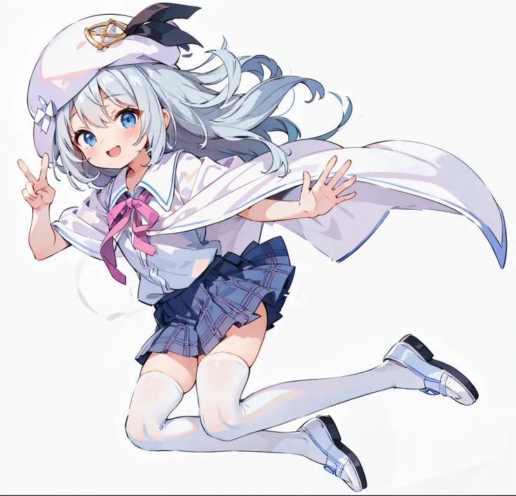 run、Kakekko、Silver hair、soft and natural straight hair、sky-blue eyes、Open your mouth wide、Smile Beam、flowing cloak、student clothes、Pink Neck Ribbon、Worn white shirt、Plaid miniskirt、white thigh high stockings、White beret、elementary student、