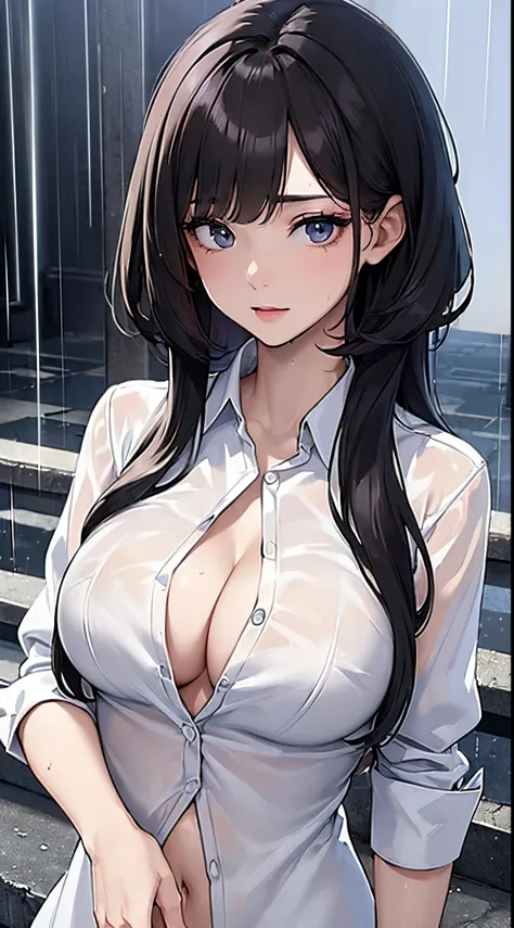 ((Best Quality, 8K, Masterpiece: 1.3)), Sharp: 1.2, Perfect Body Beauty: 1.4, Slim Abs: 1.2, ((Layered Hairstyle, Big Breasts: 1.2)), (Wet White Button Long Shirt: 1.1), (Rain, Street: 1.2), Wet: 1.5, Highly detailed face and skin texture, detailed eyes, d...