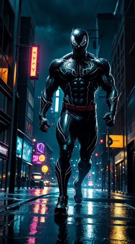 Venom Marvel comics character antihero running in the city at night and looking at the viewer with very rainy weather and very bright headlights and very bright neon style lighting and rain drops on his body and reflections on the buildings