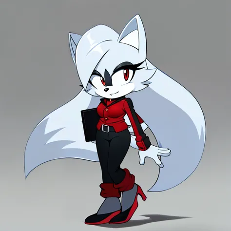 ((1girl)), ((solo)), female, mobian, fox, grayish white fur, furry, standing with crossed legs, red blouse, open black business jacket over the red blouse, black pants, belt around the waist, red high heels, ((long grayish white hair)), ((long hair)), ((ha...