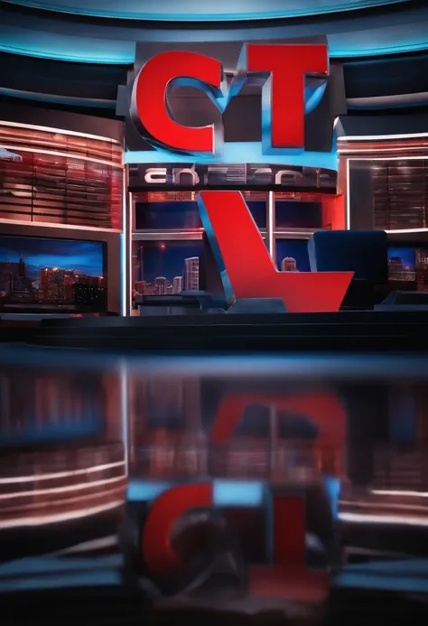 Atlanta News TV inscription in the style of the CNN logo, volumetric letters, television news studio(background)