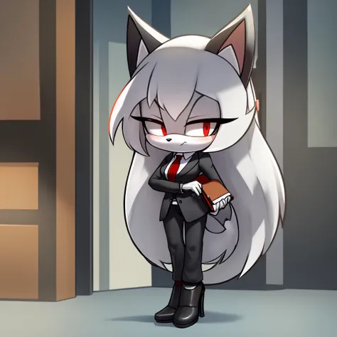 ((1girl)), ((solo)), female, mobian, fox, grayish white fur, furry, standing with crossed legs, red top, black business jacket, black pants, tactical belt around the waist, red high heels, ((long grayish white hair)), ((long hair)), ((hair over shoulders))...