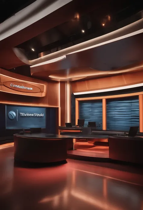 television news studio , TV logo inscription on the wall , volumetric letters, drawing horizontal