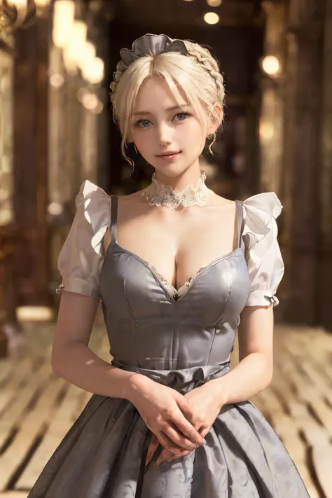 ((top-quality、8K、​masterpiece:1.3)), (Longhaire, Beautiful hairstyle, Platinum Blonde Hair:1.5)、(Cute pattern,  Delicate workmanship,  maid dress:1.5), (gothic styles), Clear, Fine-grained skin、Beautiful clear eyes、cleavage of the breast、Carefree and natur...