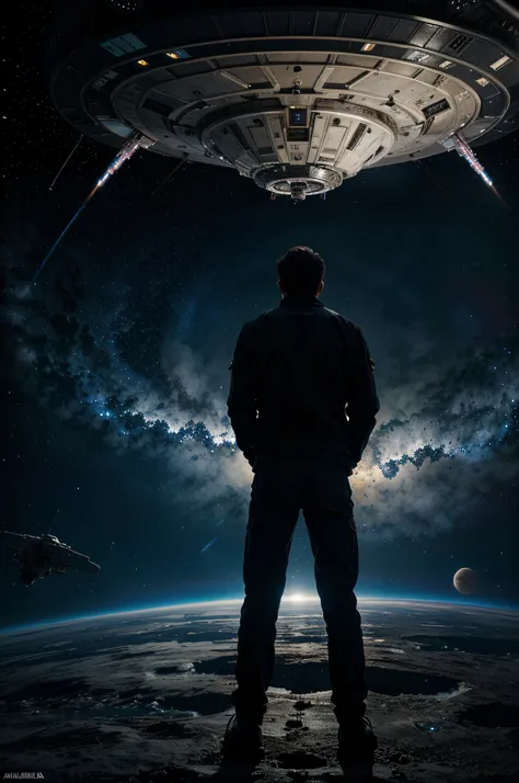 a man with his back in the middle of the galaxy, with a giant spaceship above him, an unlimited aura, realistic image, full of details