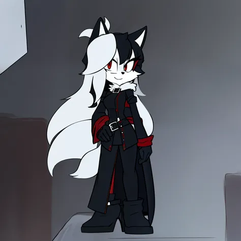 ((1girl)), ((solo)), female, mobian, fox, grayish white fur, furry, standing with crossed legs, black hooded cape, short red dress with black long sleeves, black leggings, white tactical belt around the waist, thigh highs, high heels, boots, ((long grayish...