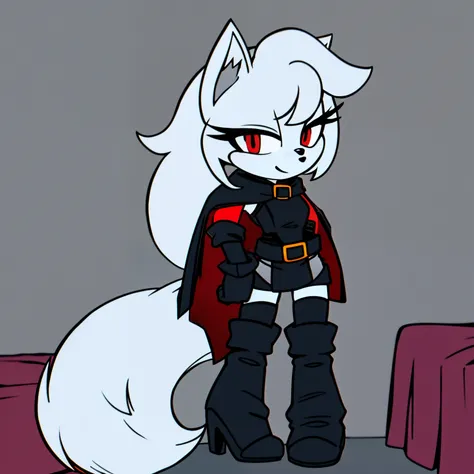 ((1girl)), ((solo)), female, mobian, fox, grayish white fur, furry, standing with crossed legs, black hooded cape, short red dress with black long sleeves, black leggings, white tactical belt around the waist, thigh highs, high heels, boots, ((long grayish...