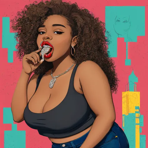 Pop, art, animated brown skinned girl with natural curly hair with diamonds in her mouth with a plus size body