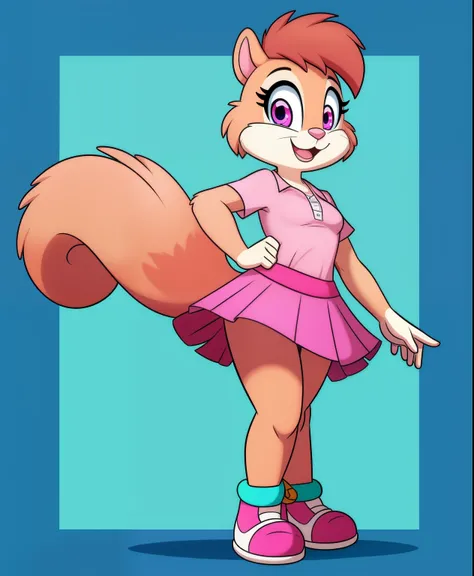 Moira the female squirrel, tiny toons style, light pink shirt, pink skirt, cyan eyes, full body view