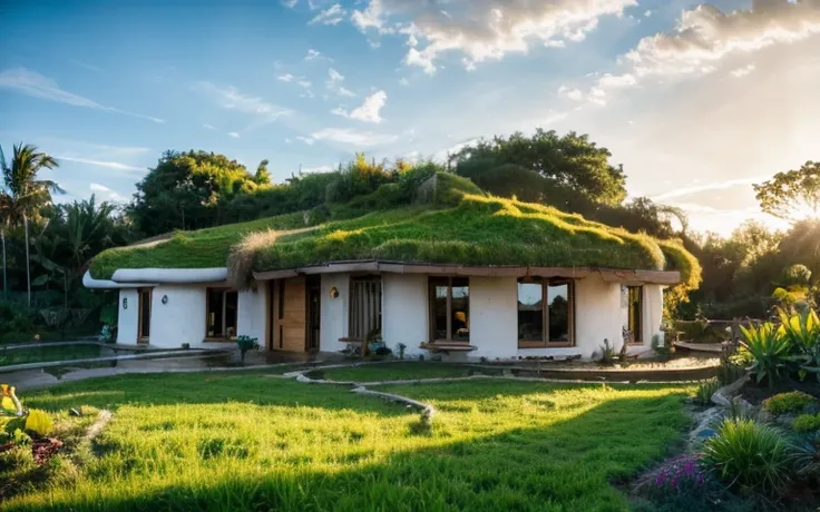 A photograph of a symmetrical contemporary house with (((green roof))) and (((biological pool))) in a tropical backyard, white plaster walls (((rustic clay stucco))), ((corner walls rounded)), ((rustic clay plaster)), (((white walls with rounded corners, o...