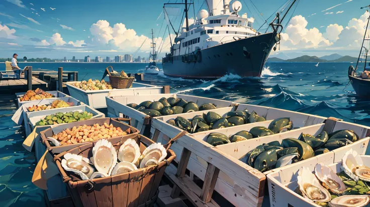 The fishermen picked up a lot of oysters and put them in buckets on the sunny --auto --s2