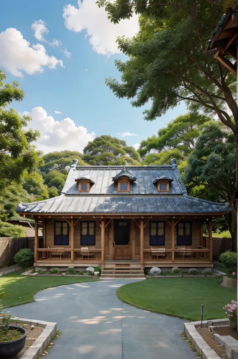 water color "painting" of a small characteristic Japanese wooden white house with veranda and woodshed, with garden, potted plants and a balcony, colors lit, shadow light contrast,on the blue roof of the house a chimney with smoke, blue sky with white clou...