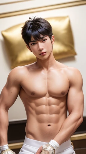 (masterpiece, best quality:1.2), majapahit warrior shoot, solo, male focus, topless, 1 boy, saint seiya (sf), serious, closed mouth, looking at viewer, black hair, fingerless gloves,