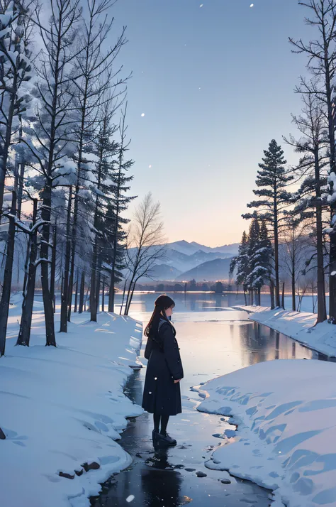 There is light snow falling in the sky. A woman is standing on the other side of the lake in a small town in the distance.。