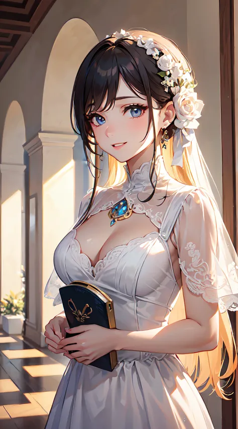 (Best quality,4K,8K,A high resolution,tmasterpiece:1.2),ultra - detailed,,beautidful eyes,beautiful detailed lips,Extremely detailed eyes and face,Long eyelashes,White dress,In the banquet hall,Happy expression,Medium-sized chest,gentlesoftlighting,vibrant...