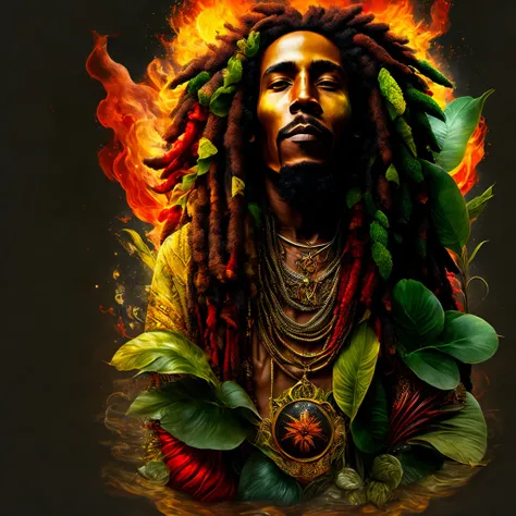 O cantor Bob Marley vestido como um Deus africano com os 4 elementos voando em sua volta, fire earth water and air, afrofuturism, plants, reggae music, hip hop Bob Marley