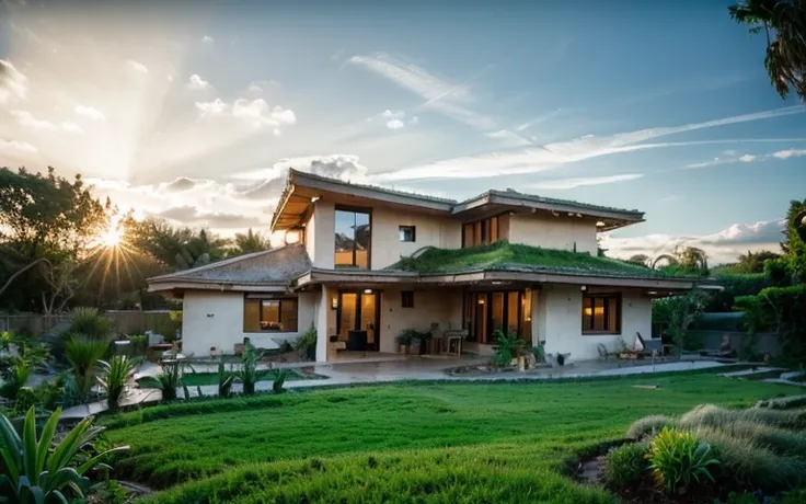 A photograph of a symmetrical contemporary house with (((green roof))) and (((biological pool))) in a tropical backyard, white plaster walls (((rustic clay stucco))), ((corner walls rounded)), ((rustic clay plaster)), (((white walls with rounded corners, o...