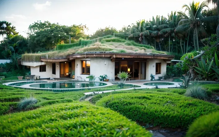 A photograph of a symmetrical contemporary house with (((green roof))) and (((biological pool))) in a tropical backyard, white plaster walls (((rustic clay stucco))), ((corner walls rounded)), ((rustic clay plaster)), (((white walls with rounded corners, o...