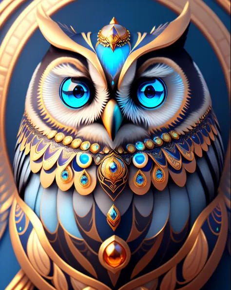 a digital painting of an owl with blue eyes, unreal engine render + a goddess, very detailed , beeple global illumination, elaborate ornate jewellery, trending on cgisociety, motion graphics, rossdraws global illumination, cgsociety