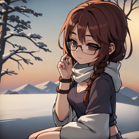 Young girl, braided hair, brown hair, with glasses, 4k, michelle chang, in a mountain, winter, snow mountain, winter trees behind, 4k, masterpiece