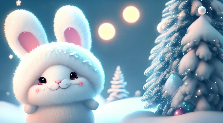 drifting snow，Christmas tree, super cute Pixar style white rabbit，Fluffy snow-white fur，One ear bent，big bright eyes，Fluffy tail，Wear a brown sweater，Smiling，holding gift, Exquisite and lovely，Fairytale scene，Extremely high detail，pixar-style，bubbles float...