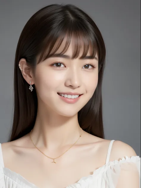 (top-quality, ​masterpiece, hight resolution), Beautiful 20 year old woman。She wears a white off-the-shoulder with white ruffles that only hide her breasts。Put your shoulders out、kindly smile、Show your teeth a little。straight haired、(Semi-long to the shoul...