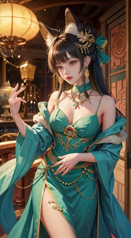 Yu Shuxin is a Huli Jing or, Se preferir, a young tailed fox who is able to change shape, frequentemente optando por apresentar-se como uma bela mulher, and likes to charm and play tricks on humans. muito bonita, fox ears on the head and a beautiful fox ta...