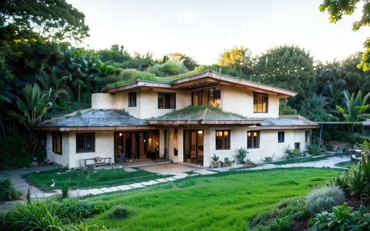 A photograph of a symmetrical contemporary house with (((green roof))) and (((biological pool))) in a tropical backyard, white plaster walls (((rustic clay stucco))), ((corner walls rounded)), ((rustic clay plaster)), (((white walls with rounded corners, o...