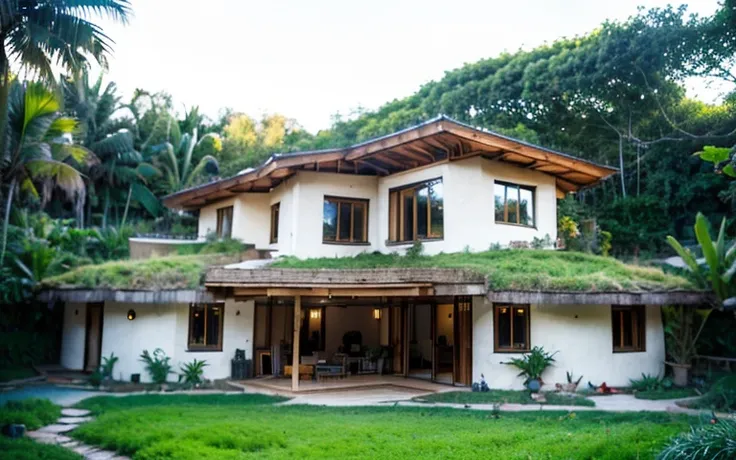 A photograph of a symmetrical contemporary house with (((green roof))) and (((biological pool))) in a tropical backyard, white plaster walls (((rustic clay stucco))), ((corner walls rounded)), ((rustic clay plaster)), (((white walls with rounded corners, o...