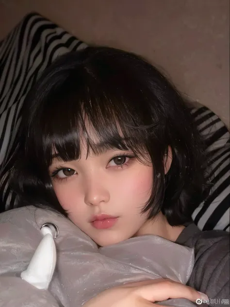 Arafed Asian girl with black hair and bangs holding a stuffed animal., con el pelo corto, Ella tiene el pelo negro con flequillo, con pelo corto con flequillo, Cabello negro Hime cortado, Cabello limpio con flequillo, flequillo esponjoso, ulzzang, Peinado ...