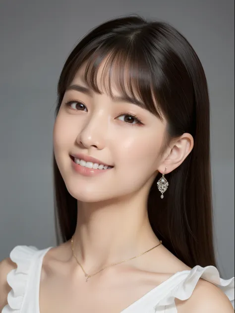 (top-quality, ​masterpiece, hight resolution), Beautiful 20 year old woman。She wears a white off-the-shoulder with white ruffles that only hide her breasts。Put your shoulders out、kindly smile、Show your teeth a little。straight haired、(Semi-long to the shoul...