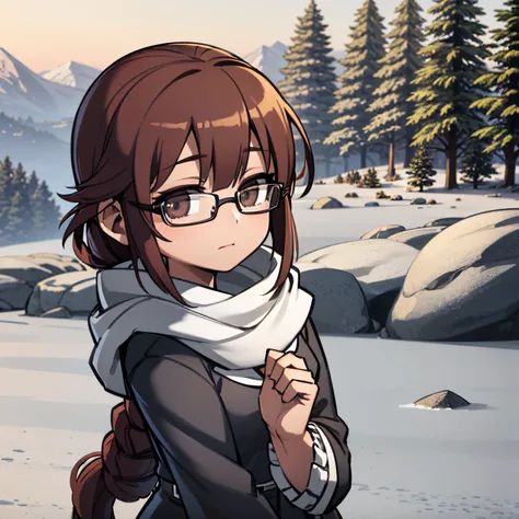 Young girl, braided hair, brown hair, with glasses, 4k, michelle chang, in a mountain, winter, snow mountain, winter trees behind, 4k, masterpiece