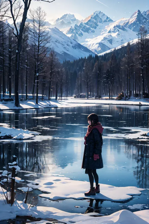 There is light snow falling in the sky. A woman is standing on the other side of the lake in a small town in the distance.。