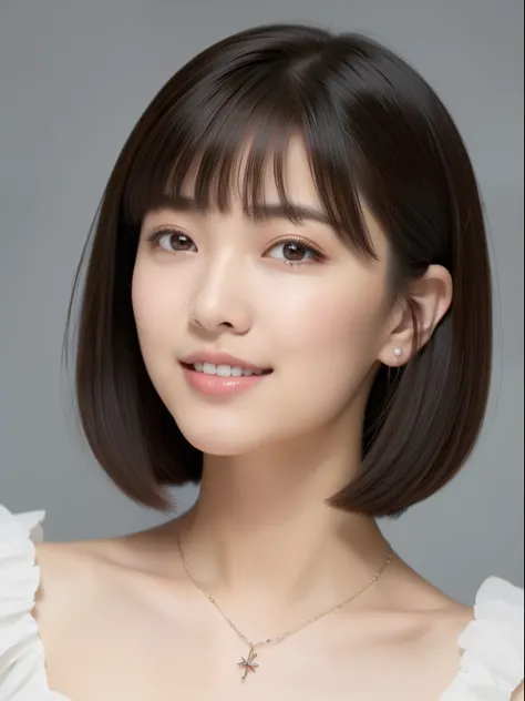 (top-quality, ​masterpiece, hight resolution), Beautiful 18 year old woman。She wears a white off-the-shoulder with white ruffles that only hide her breasts。Put your shoulders out、kindly smile、Show your teeth a little。Short Bob Hair Straight、(Voluminous sho...