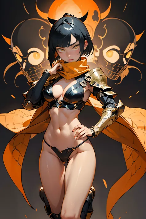 [Shinjuku background at night],(HENTAI ANIME) (Japanese NINJA Girl (Beauty) 15yo student) petite and muscular [Slim & fit body], Short Bob Cut,([hornet] Orange Ninja Battle Armor) scarf [stall] ((Fitting rubber inner) [honeycomb] [edg]) hair adornments (Du...