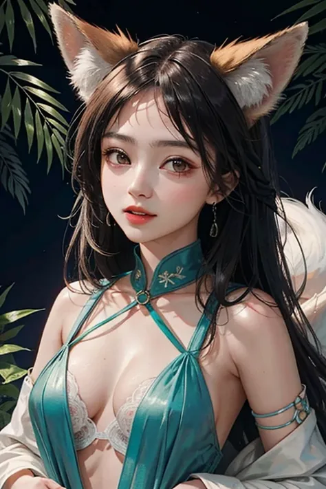 Yu Shuxin is a Huli Jing or, Se preferir, a young tailed fox who is able to change shape, frequentemente optando por apresentar-se como uma bela mulher, and likes to charm and play tricks on humans. muito bonita, fox ears on the head and a beautiful fox ta...